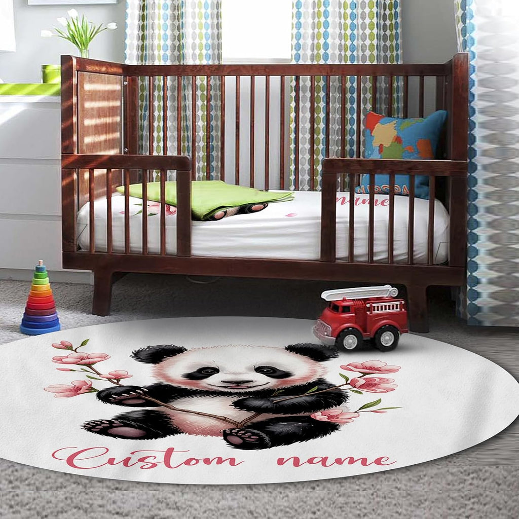 Personalized Crib Bedding Set for Baby Girls, Custom Name Baby Crib Sets 5-Pcs Include Toddler Double Layer Blanket Fitted Sheet Changing Pad Cover Rug Wall Art Set, Pink Panda Pattern Nursery Décor