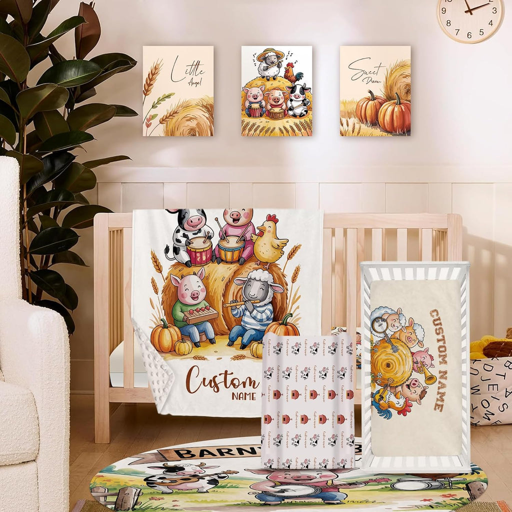 Personalized Crib Bedding Set for Baby Boys Girls, Farm Animals Design Custom Name Baby Crib Sets 5-Pcs, Double Layer Baby Blanket Fitted Sheet Changing Pad Cover Rug Wall Art Set
