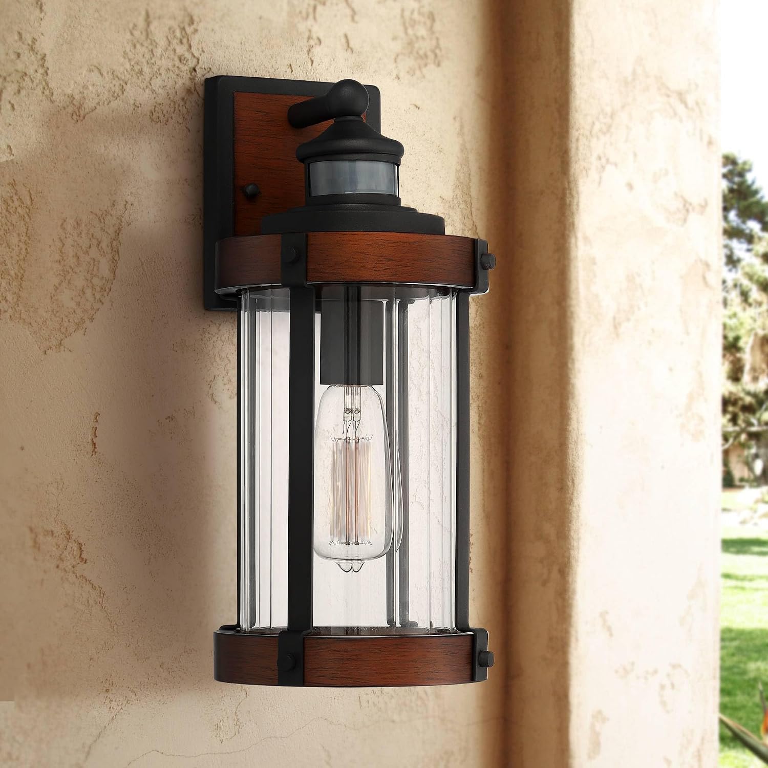 John Timberland Stan Industrial Outdoor Wall Light Fixtures Set of 2 Dark Faux Wood Black Metal Motion Sensor 15 1/2' Clear Glass for Cottage Core Post Exterior Barn Deck House Porch Yard Garage