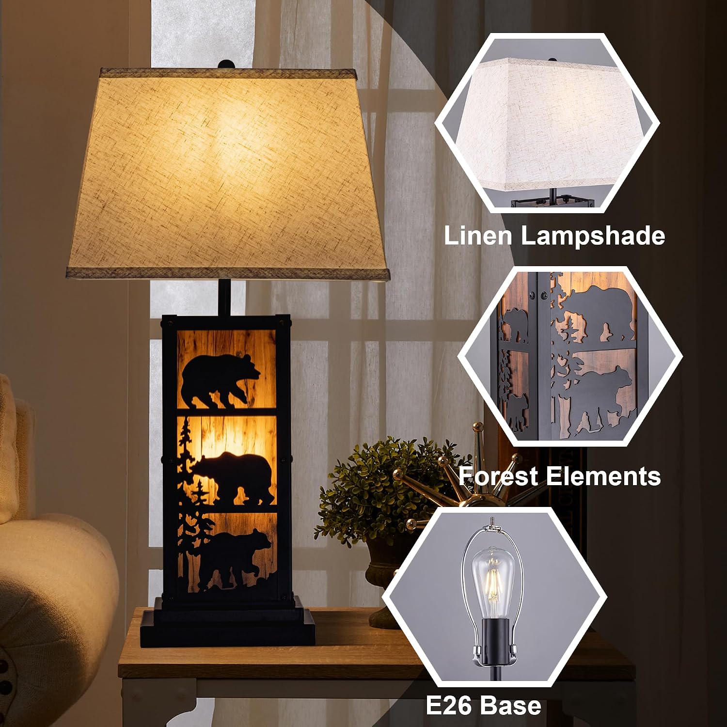 Wellmet Black Farmhouse Table Lamp, 2 Lights Bedside Lamp for Living Room, 27.5in Tall Vintage Nightstand Lamp, Touch Control Table Lamp with LampShade for Bedroom, Office(E26 Base)