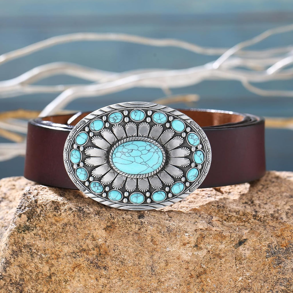 Men's Western Belt Buckle - Turquoise Texas Longhorn Bull Design for Cowboy & Rodeo Style