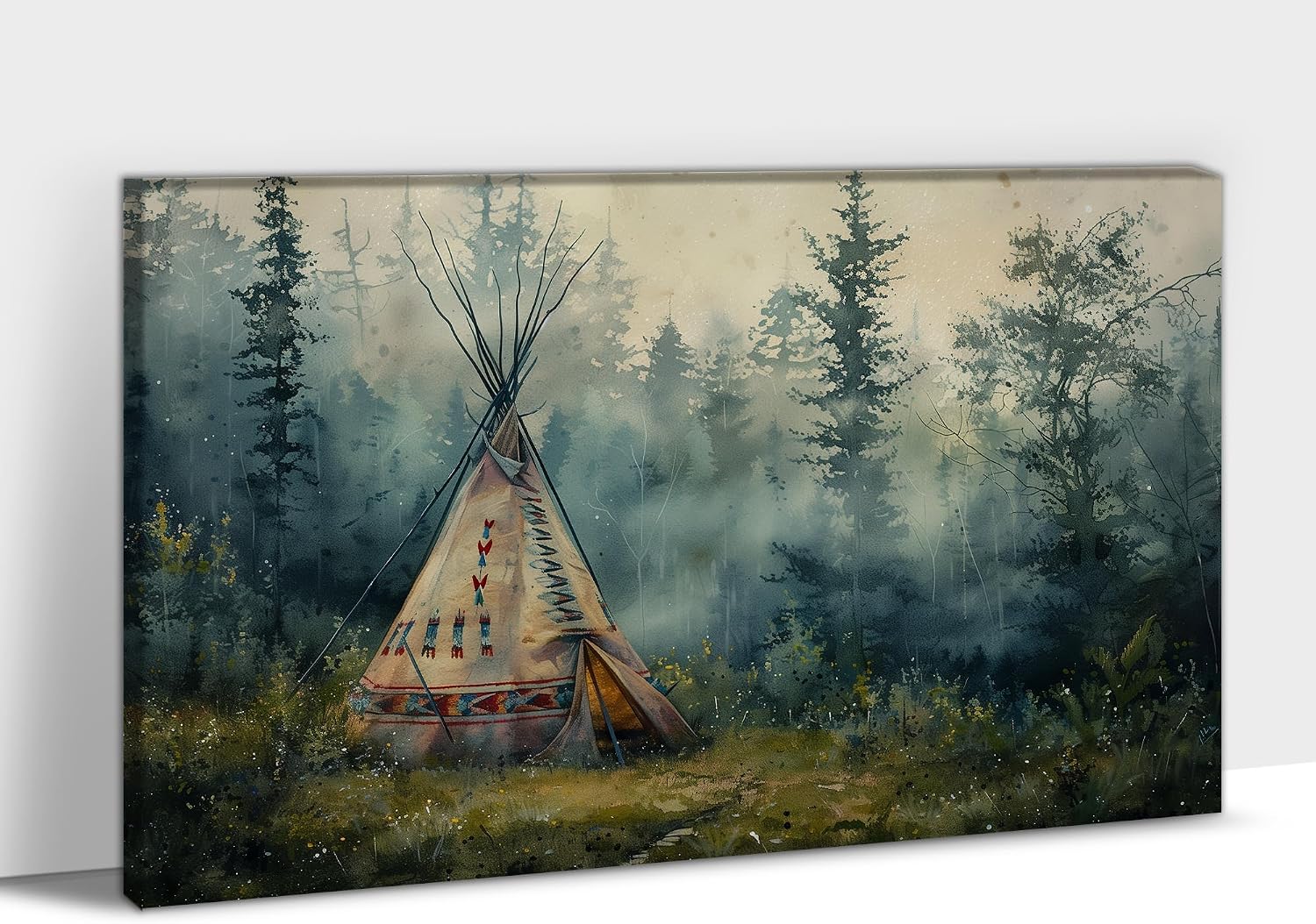 GUTTATY Native American Wall Decor for Bedroom - Native American Wolf Wall Art, Indian Tribal Camp Pictures Wall Art for Home Decor, Large Indian Art Canvas Print Framed 32x48''