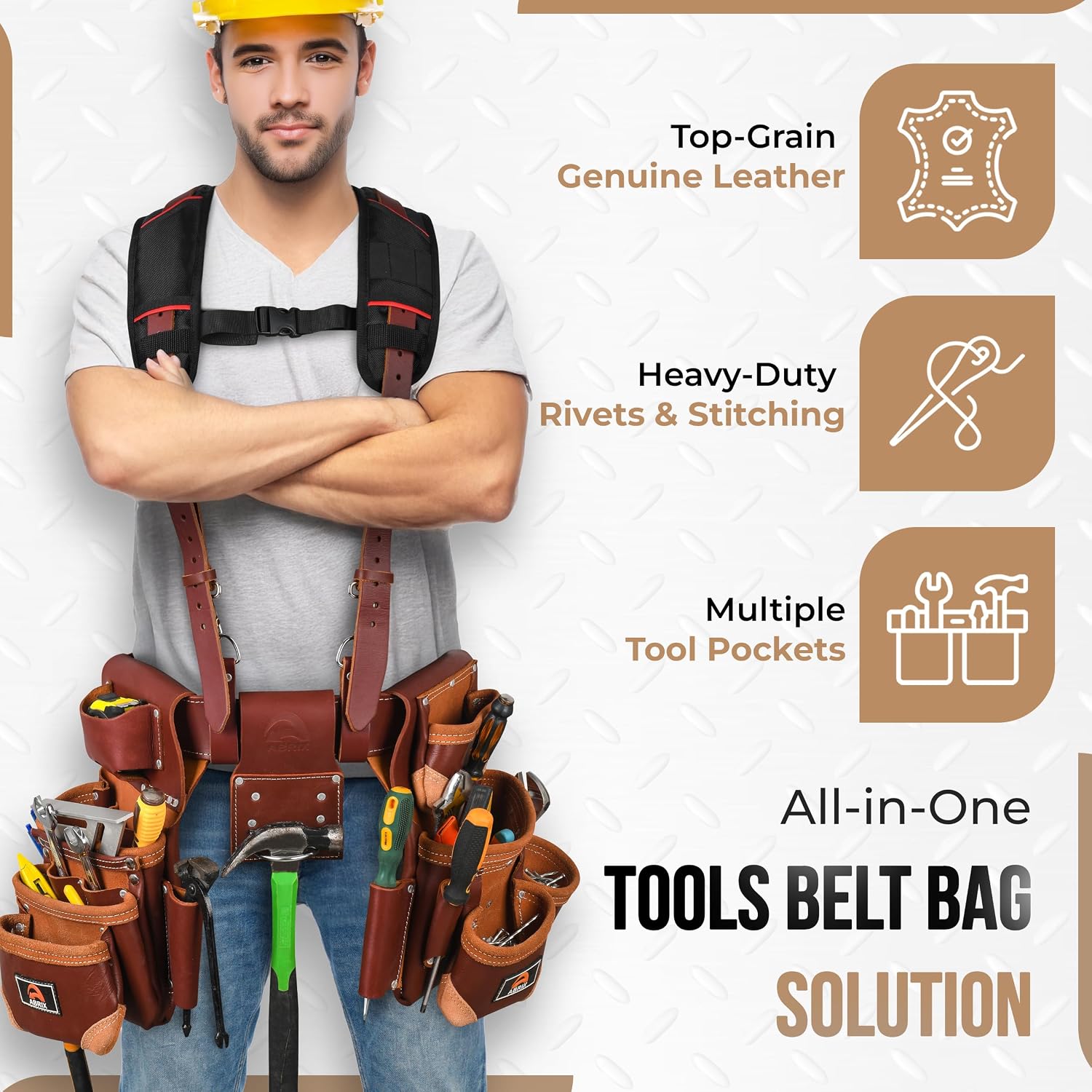 ABRIX Heavy Duty Tool Belt for Men – 4MM Thick Genuine Leather, Brass Buckle & Rivets | Foam Padded Comfort | 28-Pocket Carpenter & Framing Rig with Suspender | Work Belt Fit upto 32' to 52'