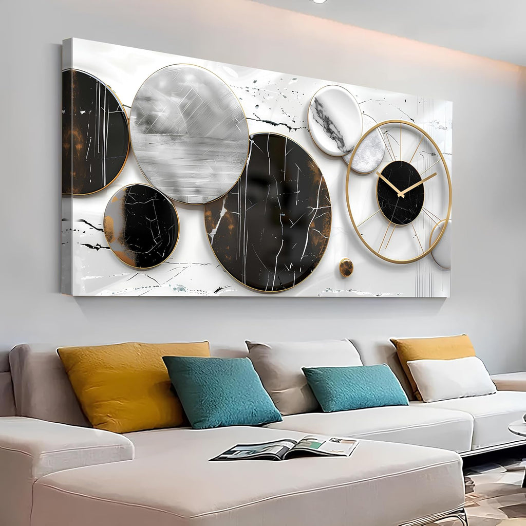Modern Abstract Canvas Wall Art for Living Room Home Office Decor Black and White Gray Picture for Wall Decor Geometric Texture Marble Painting Clocks Prints Poster Artwork Decorations 30x60'