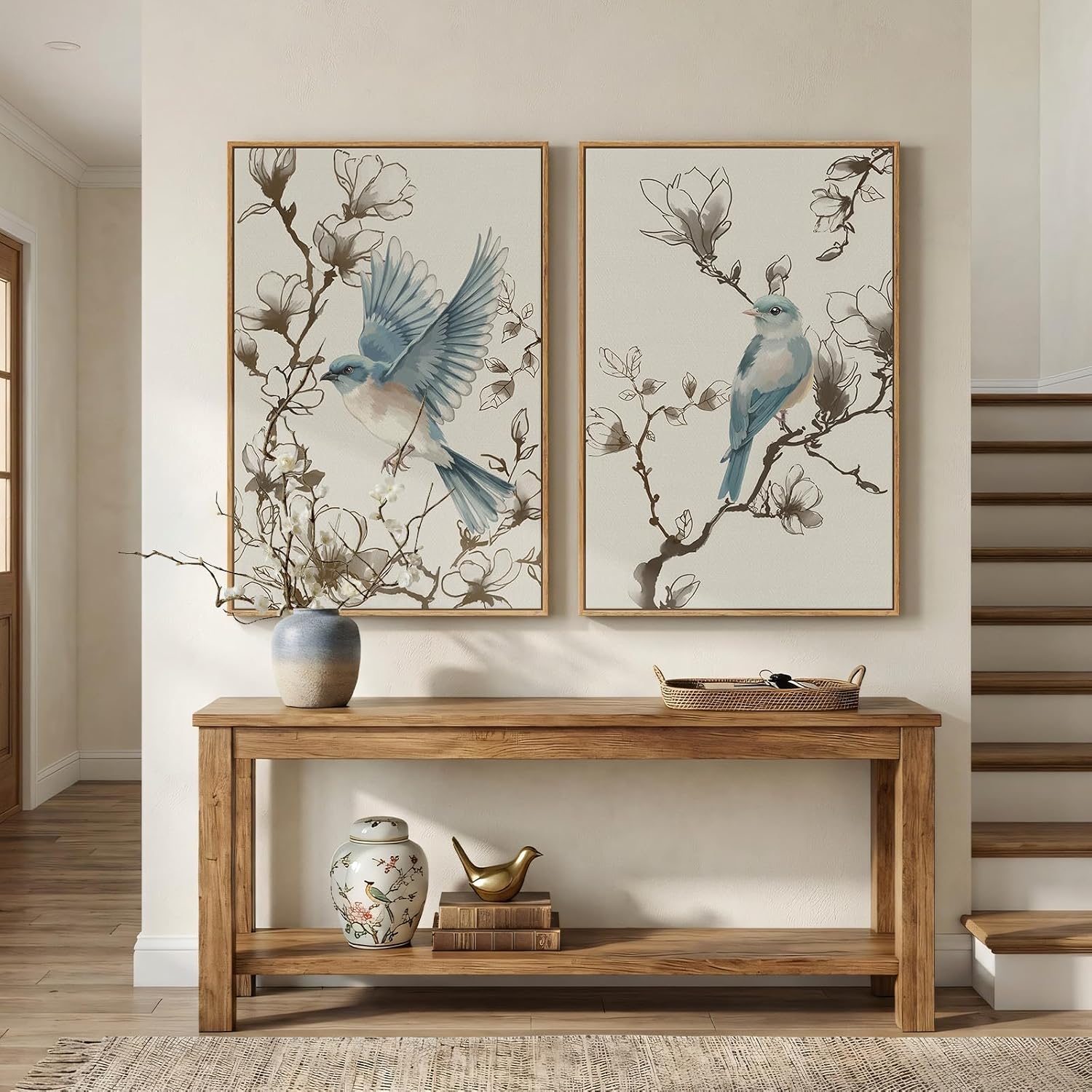 Framed Vintage Botanical Bird Wall Art, 2 Piece Neutral Minimalist Floral Canvas Painting Prints, Nature Beige Chinoiserie Asian Flower Artwork for Living Room Bedroom Kitchen Dining Room Wall Decor