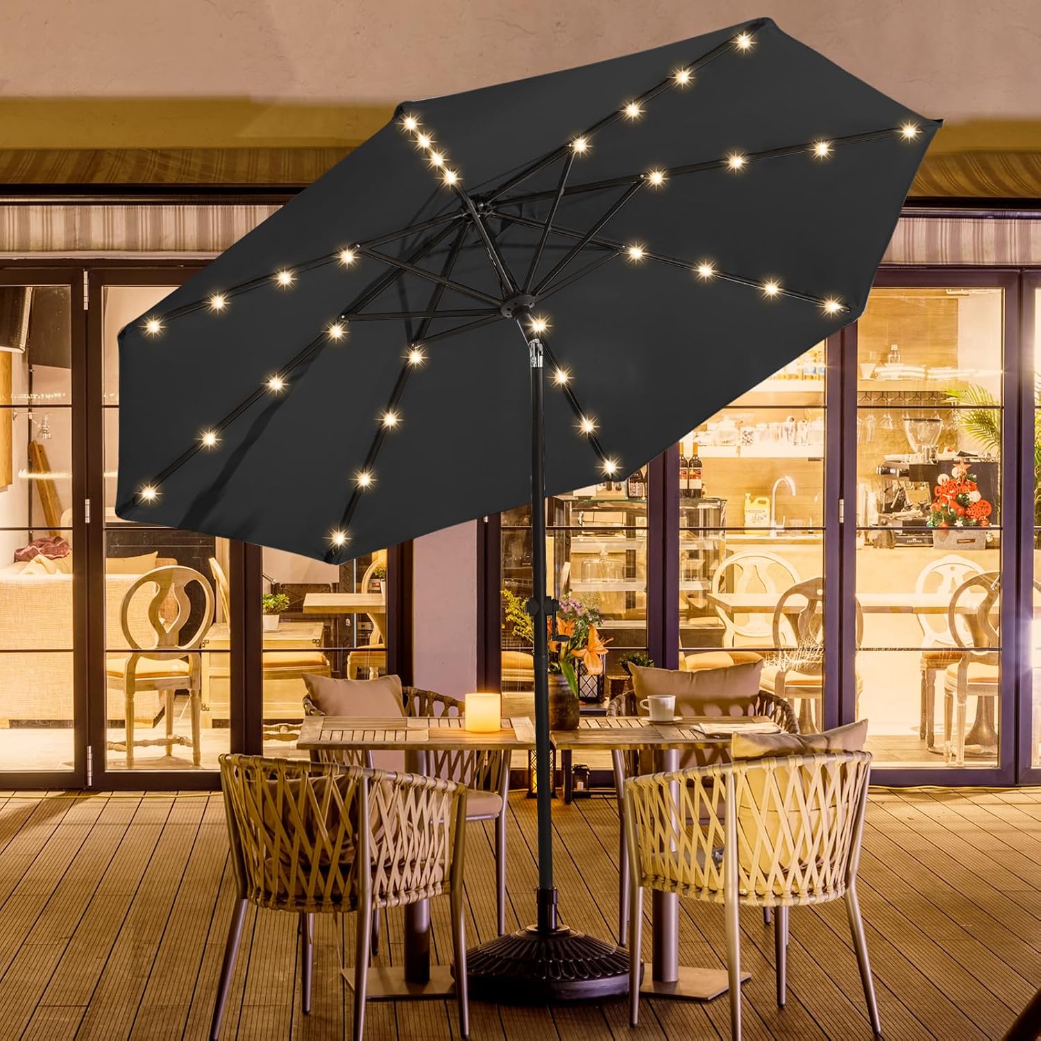 wikiwiki 9ft Solar Led Patio Umbrella, Sturdy Outdoor Market Umbrella for Deck, Pool, Garden w/Tilt, Crank, 32 LED Lights, Carbon Grey