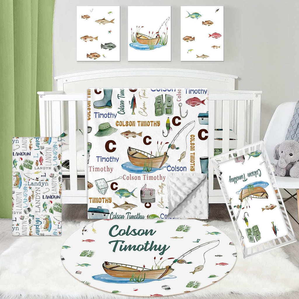 Dyoart Custom Nursery Crib Bedding Set: 5 Piece Go Fishing Baby Crib Sets for Girls Boy with Personalized Name - Toddler Double Layer Blanket Set,Comfortable Crib Bed Sheets for Baby Boys