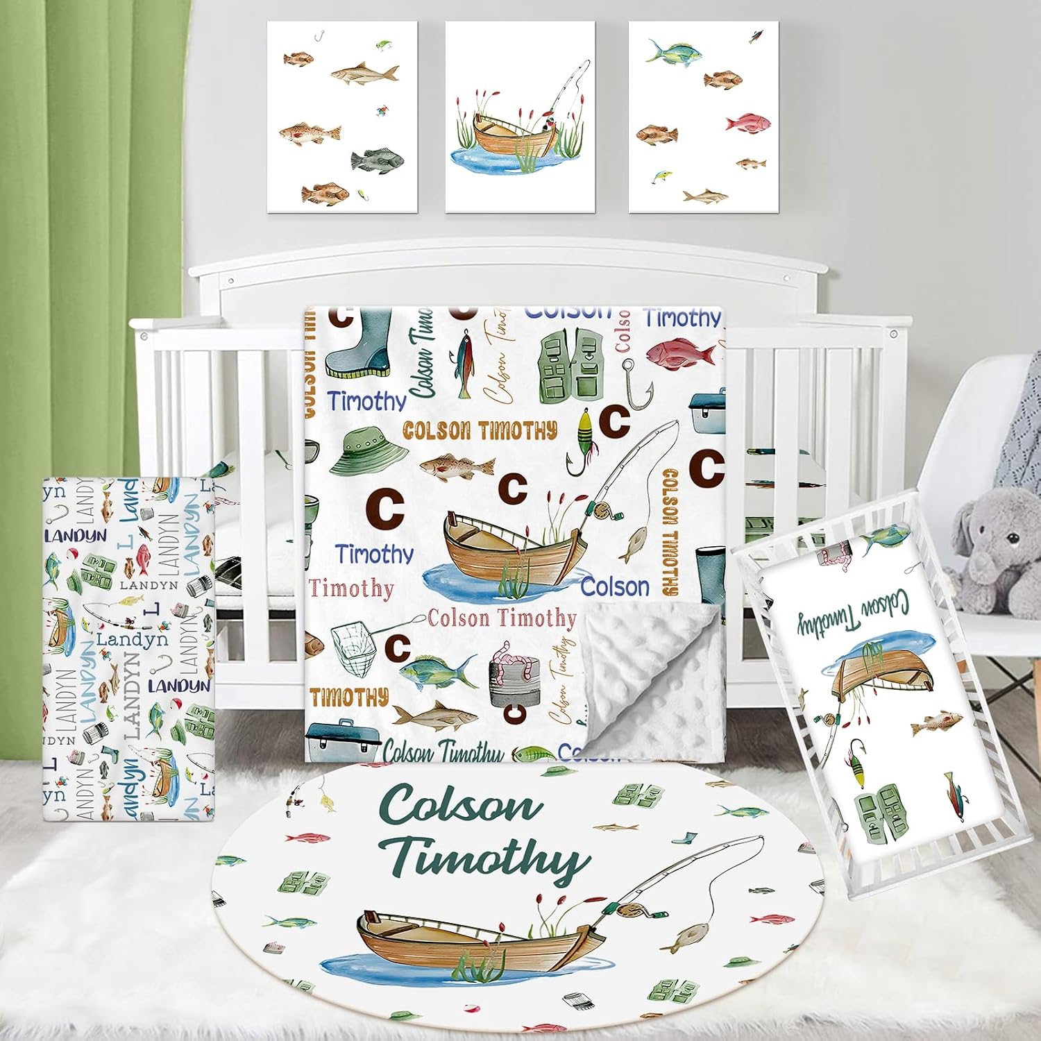 Dyoart Custom Nursery Crib Bedding Set: 5 Piece Go Fishing Baby Crib Sets for Girls Boy with Personalized Name - Toddler Double Layer Blanket Set,Comfortable Crib Bed Sheets for Baby Boys