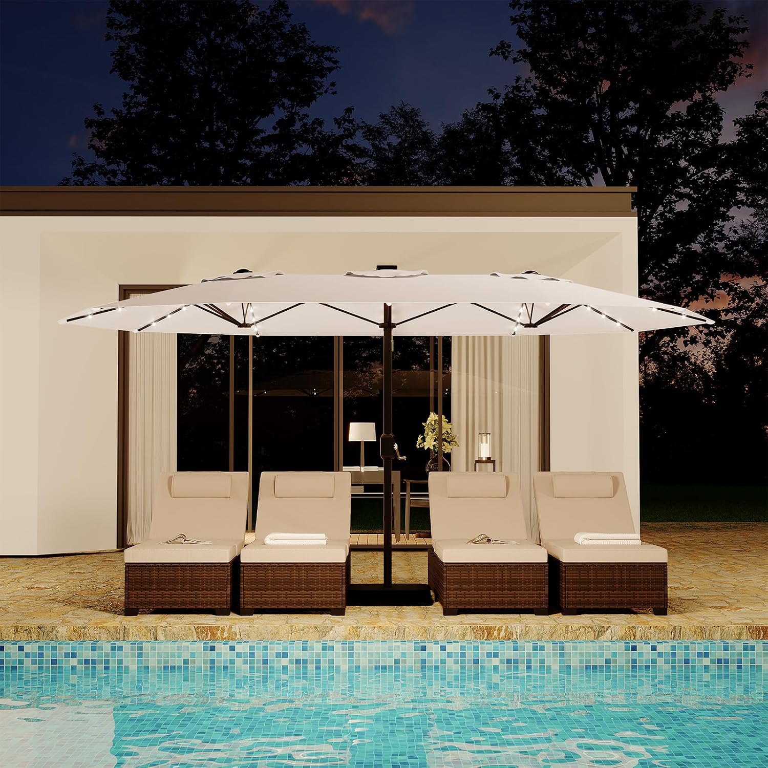 Garvee 15 ft Rectangular Patio Umbrella with Solar Lights & Base Included - Large Patio Umbrella with Crank Handle, UV Protection for Outdoor Market, Backyard, Pool - Beige
