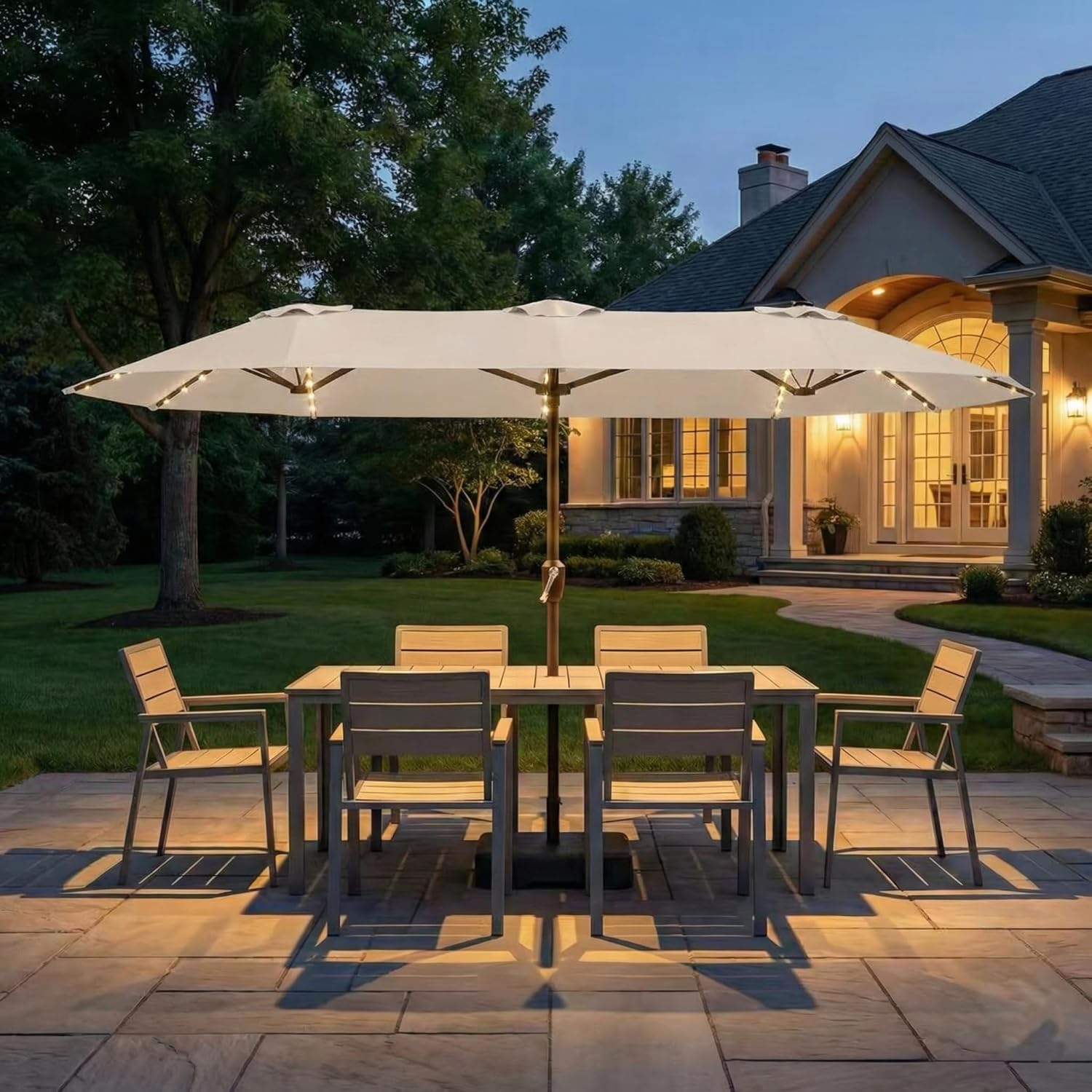 Kingdura 13ft Large Patio Umbrella with Solar Lights, Double-Sided Rectangle Outdoor Table Umbrella with Base Included, 12 Reinforced Ribs, 48 Led Lights, Crank Lift for Market Pool Deck, Beige