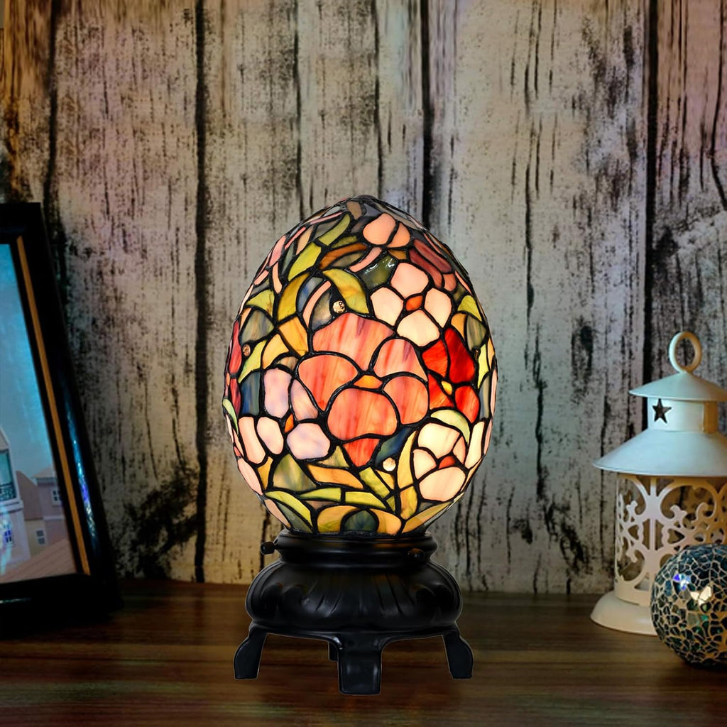 A0015 Tiffany Style Stained Glass Egg Table Lamp – Floral Pattern Decorative Night Light, 6.75' W x 12' OH for Bedroom Living Room Home Office, Vintage Accent Lamp,LED Bulb Included