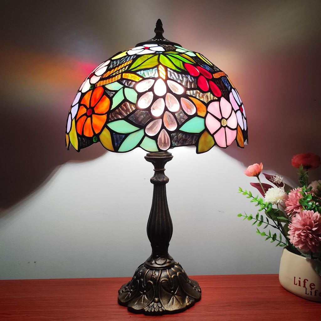 Tiffany 3-Color Stained Glass Lamp - Vintage Beside Reading Lamp, 12 inch Living Room Light, Flowers Style Antique Nightstand Light (Grapes Flowers)