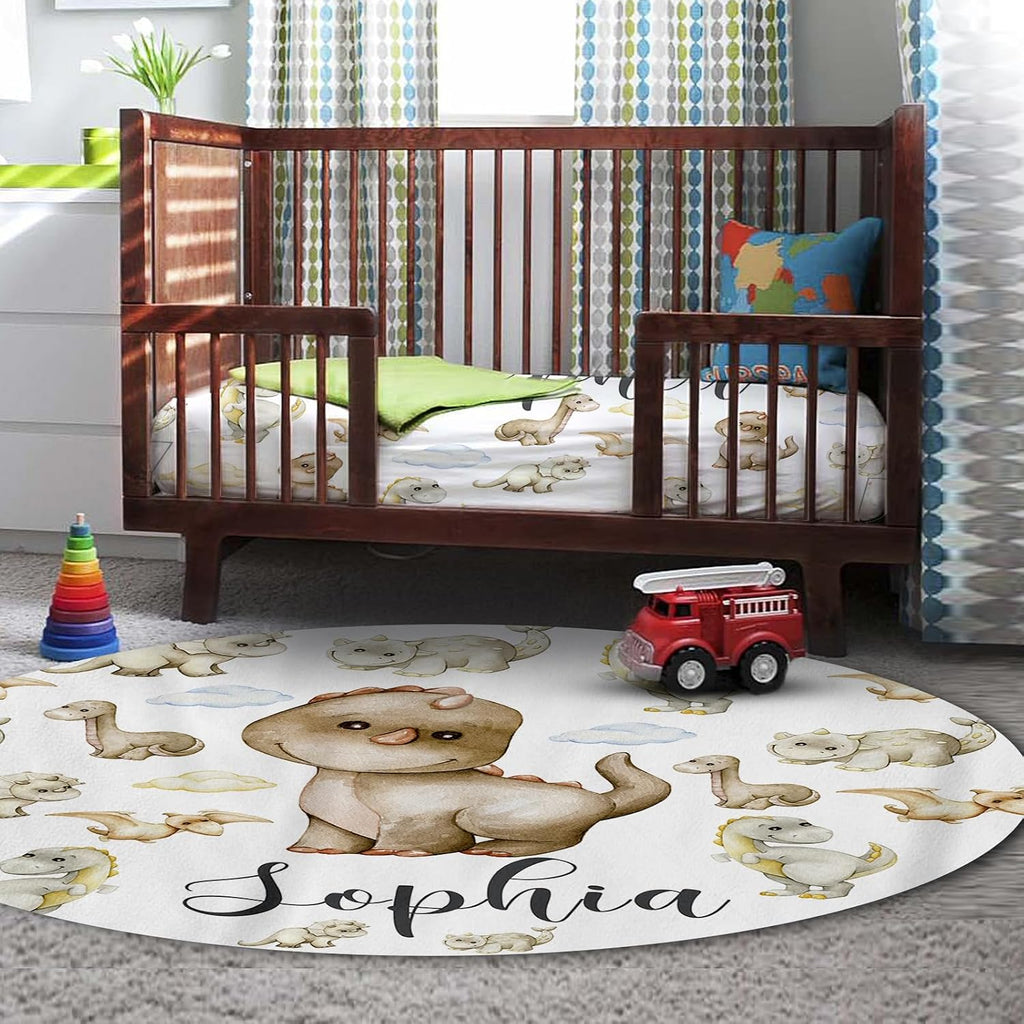 Personalized Baby Crib Bedding Set, 5-Piece Cute Dinosaur Baby Crib Sets with Custom Name, Toddler Double Layer Blanket Fitted Sheets Changing Pad Cover Rug Wall Art Set, Charming Nursery Decor