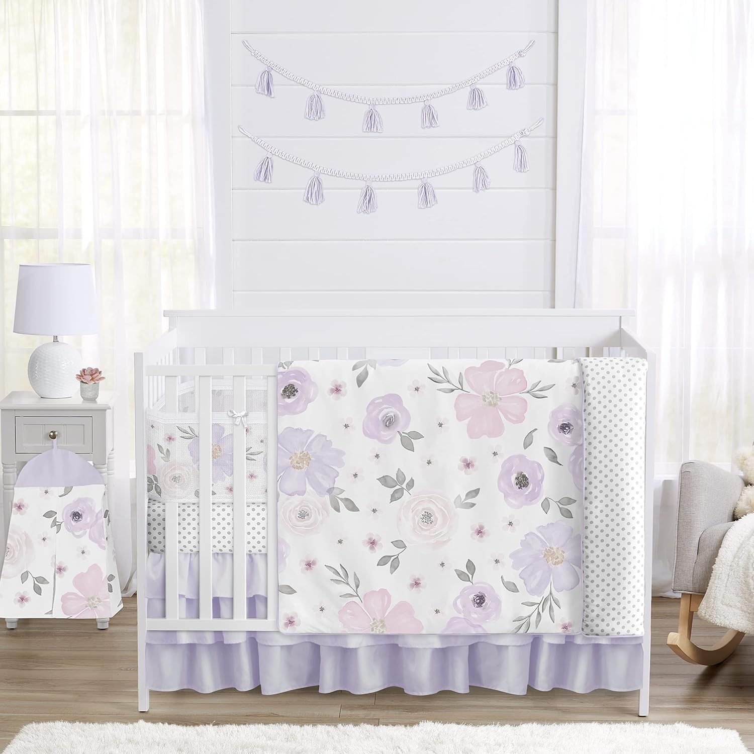 Sweet Jojo Designs Lavender Purple Boho Floral Girl Baby Crib Bedding Set Infant Nursery BreathableBaby Breathable Mesh Crib Liner Blanket Sheet Skirt 6 PC Bohemian Shabby Chic Watercolor Flower Gray