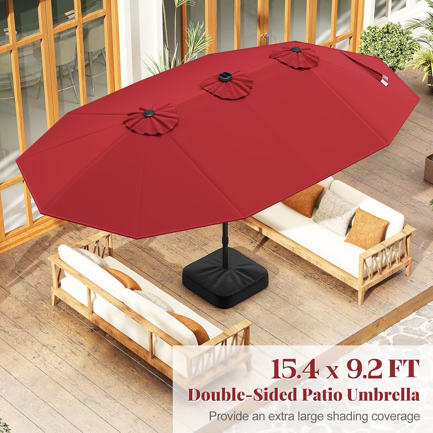 Tangkula 15FT Double-Sided Solar Patio Umbrella, Extra-Large Outdoor Twin Umbrella with 48 LED Lights, Vented Top, Crank Handle, 12 Ribs, Weighted Base Included for Backyard Poolside Deck (Wine)