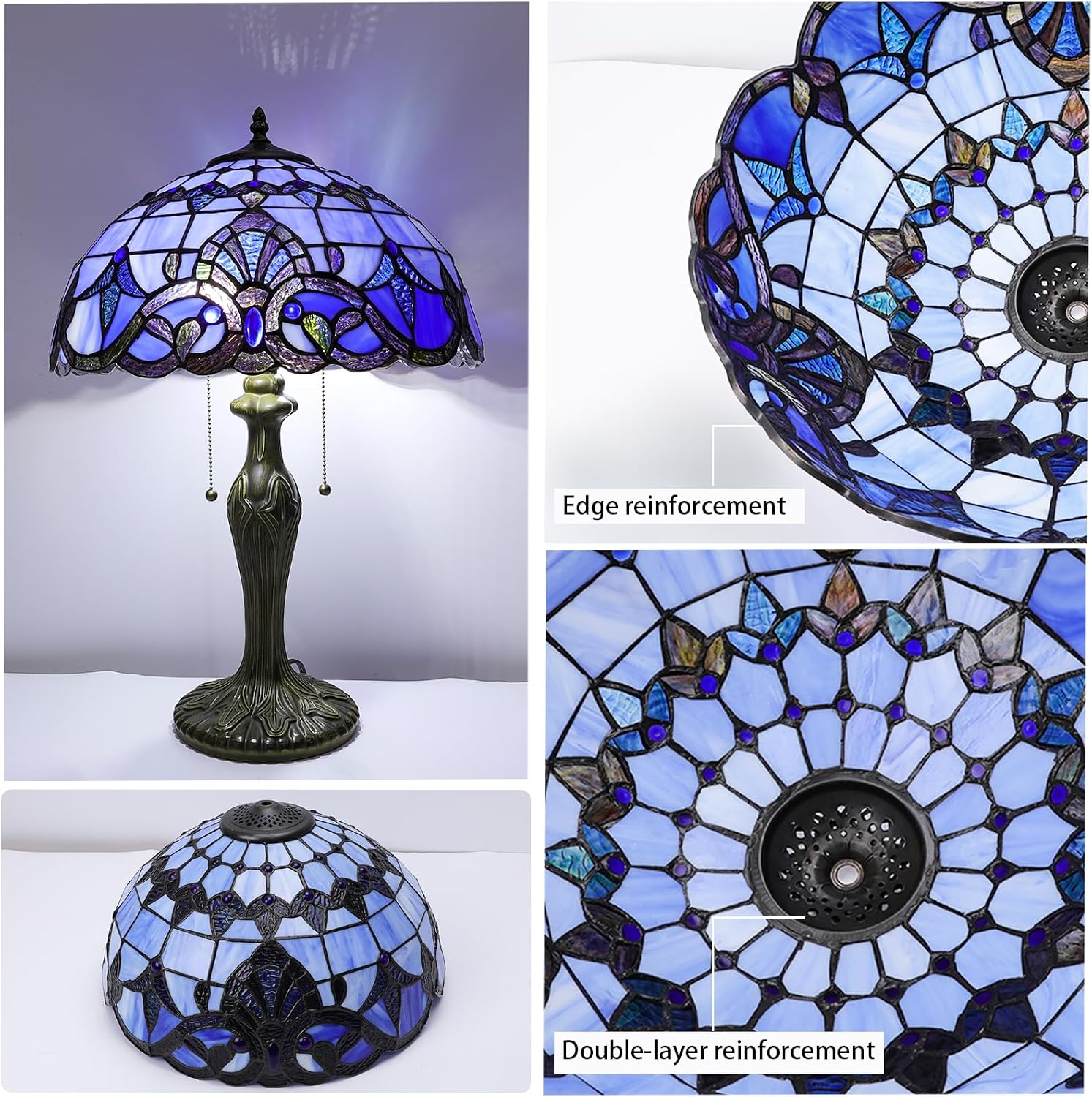 Stained Glass Table Lamp, Adjustable 3 Color Temperature,Blue Baroque Style Lampshade & Plant Texture Curve Antique Base Desk Reading Light 16X16X24 Inches Decor for Bedroom Living Room Office