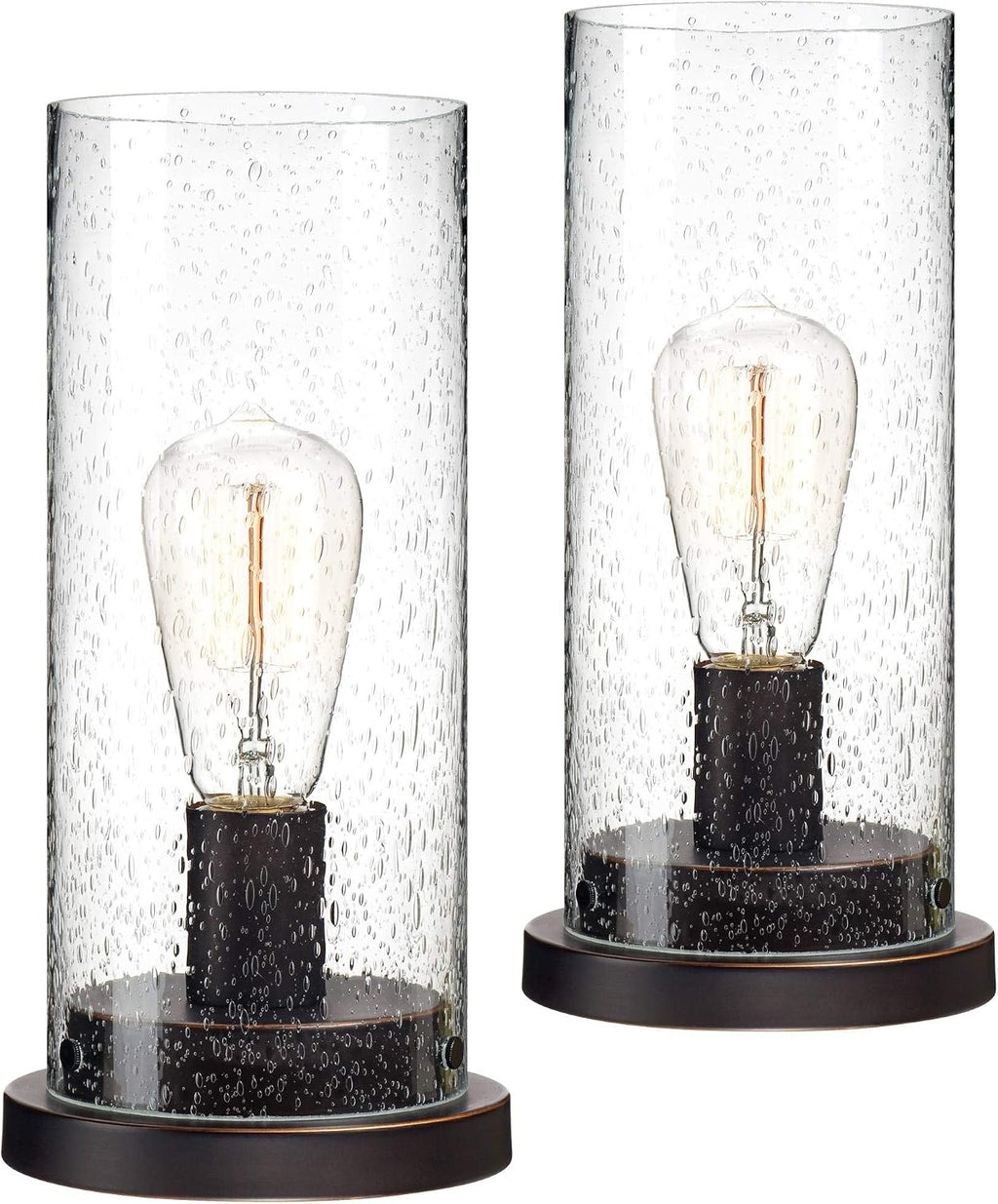 360 Lighting Libby Industrial Rustic Accent Table Lamps 12' High Set of 2 LED Bronze Metal Seeded Glass Cylinder Shade Vintage Edison Bulbs for Bedroom House Bedside Nightstand Home Office
