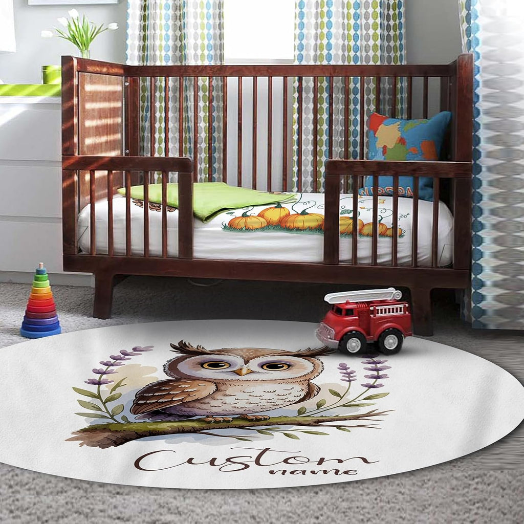 Personalized Crib Bedding Set for Baby Boys Girls, Owl Pattern Custom Name Baby Crib Sets 5-Pcs, Double Layer Baby Blanket Fitted Sheet Changing Pad Cover Rug Wall Art Set