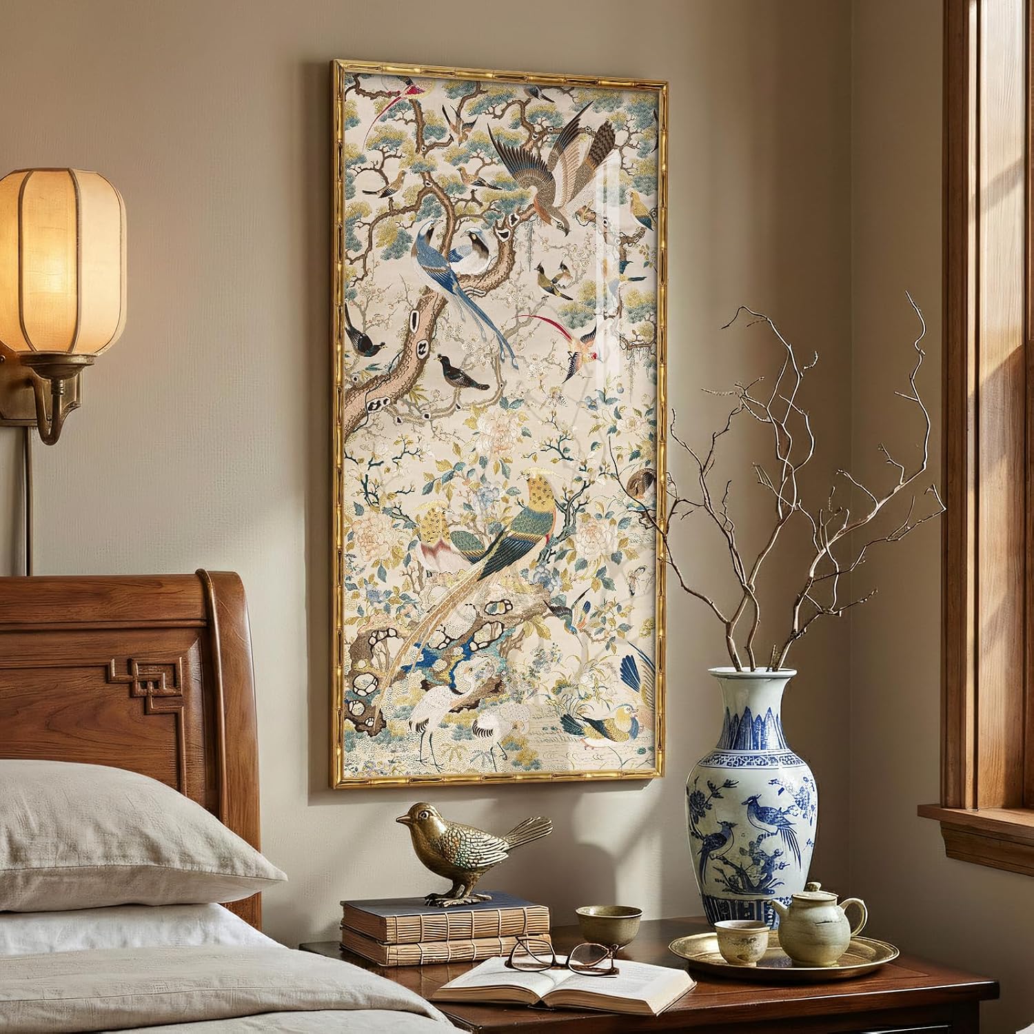 Vintage Gold Framed Chinoiserie Wall Art for Living Room, Vertical Retro Neutral Floral Bird Artwork for Walls, Canvas Print with Bamboo-Style Framed for Bedroom Dining Room Wall Decor, 20x40 Inch