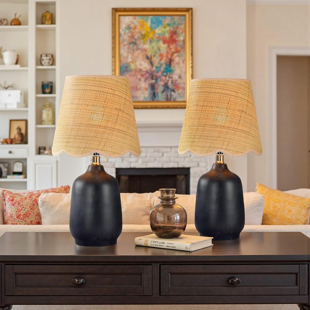 19' Boho Ceramic Table Lamp Set of 2, Handmade Ceramic Base with Rattan Shade, Farmhouse Plug-in Bedside Nightstand Lamps for Bedroom, Living Room, E26 Socket, Black
