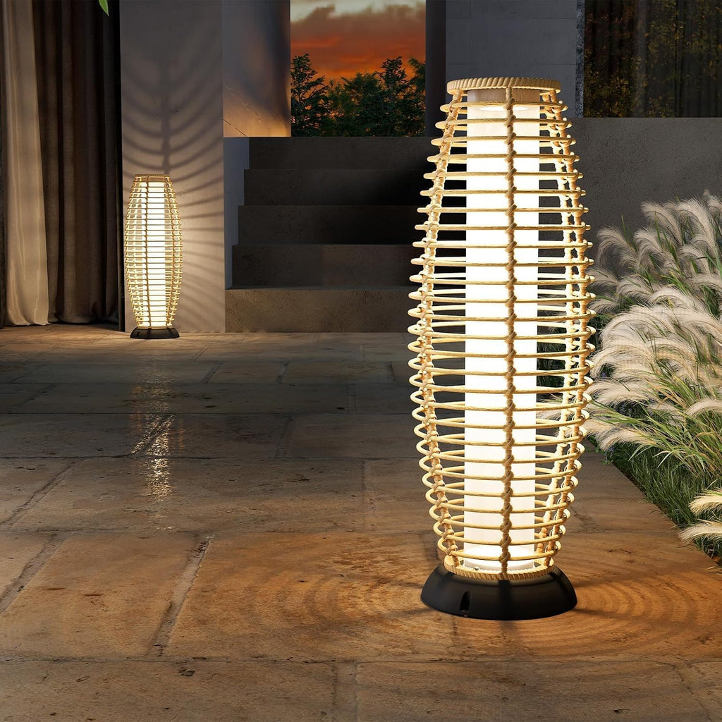 Solar Yard Outdoor Floor Lamp 2-Pack Solar Lights Solar Powered Lantern Weather-Resistant Wicker Deck Lights, Lamp Large for Patio Garden (Austin Natural Brown, 2PCS)