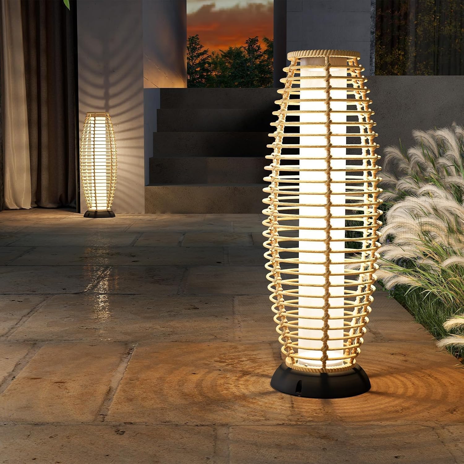 Solar Yard Outdoor Floor Lamp 2-Pack Solar Lights Solar Powered Lantern Weather-Resistant Wicker Deck Lights, Lamp Large for Patio Garden (Austin Natural Brown, 2PCS)