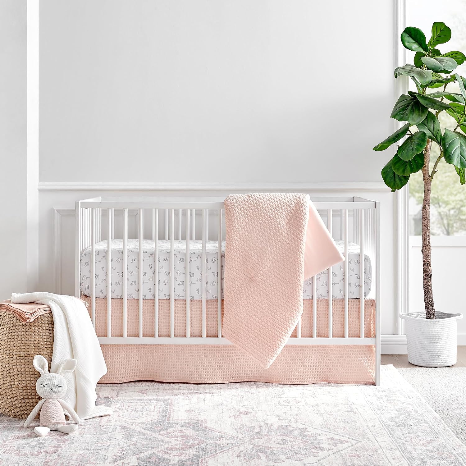 Levtex Baby - Mills Waffle Crib Bed Set - Baby Nursery Set - Blush Pink - Blush Pink Textured Waffle - 4 Piece Set Includes Quilt, Fitted Sheet, Dust Ruffle and Rope Basket