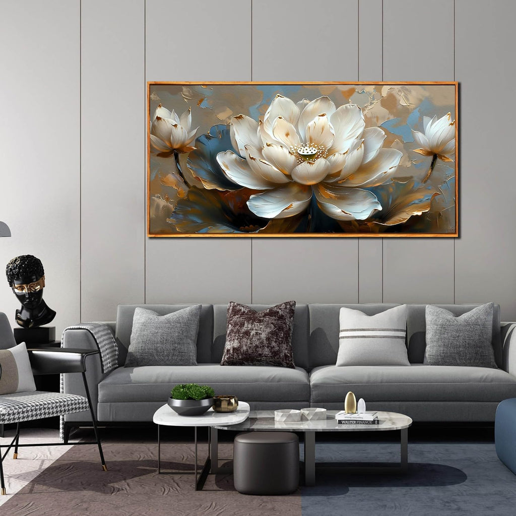 White Lotus Painting Wall Art for Living Room - Gold Flower Wall Decor for Office - Framed Wall Art for Bedroom Size 29' x 59'