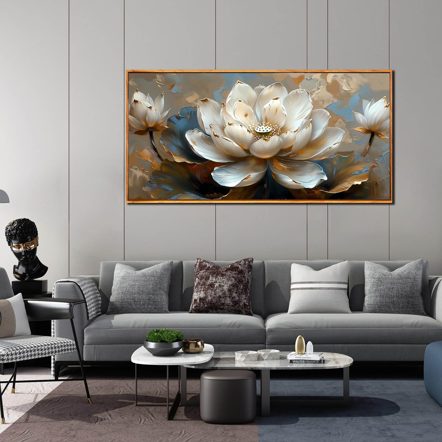 White Lotus Painting Wall Art for Living Room - Gold Flower Wall Decor for Office - Framed Wall Art for Bedroom Size 29' x 59'