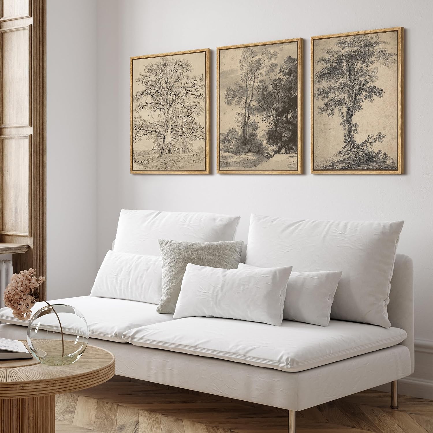 SIGNFORD Framed Canvas Print Wall Art Set Classic Botanical Sketches Black and White Tree Drawings Illustrations Modern Art Relax/Calm for Living Room, Bedroom, Office - 24'x36'x3 Natural