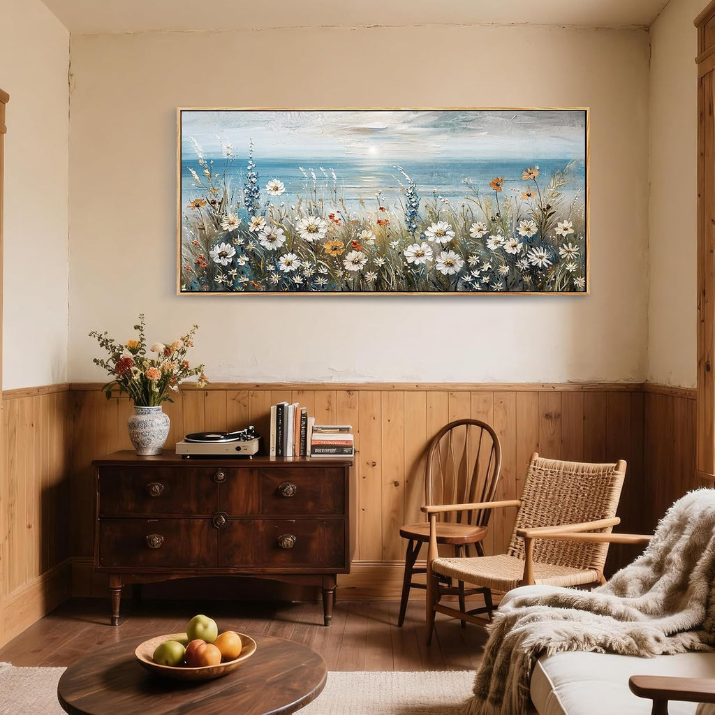 SERIMINO Floral Wall Decor, Extra Large Wall Art for Living Room, Coastal Wall Art, Framed Artwork for Walls, Sunrise Landscape Big Canvas Prints, Daisy Flower Painting Office Hotel Hallway 32'x71'