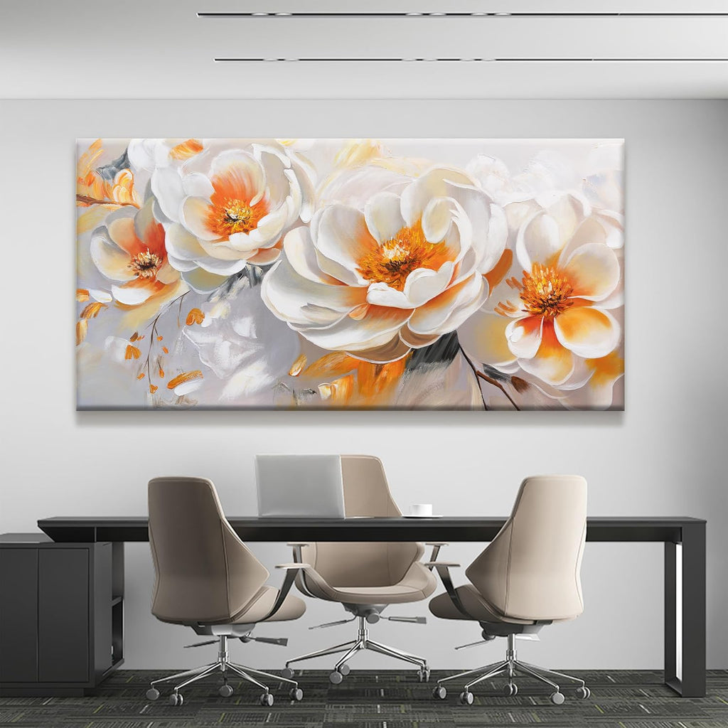 Suconvng Large Wall Art For Living Room Floral Wall Artwork Modern Canvas Art Wall Decor 29' X 58' Painting Orange White Flower Wall Art For Bedroom Home Office Dining Room Home Decoration