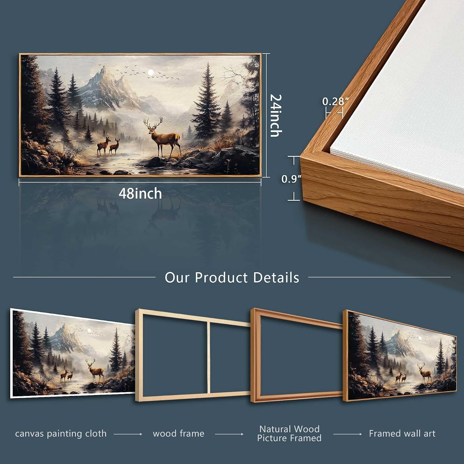 KELIYUAN Large Canvas Wall Decor For Living Room Wall Art For Bedroom Office Murals Landscape Painting Of Elk Mountain Wall Pictures Restaurant Room Modern Home Decoration Wood Framed 24'X48'