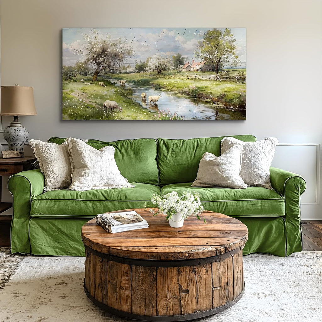 crmotu Landscape Wall Art, Nature Wall Decor, Oversized Wall Art, Riverside Scenic Canvas Art Prints, Modern Farm Aesthetic Paintings Wall Decor Living Room Bedroom Dining Room Farmhouse 29'X57'