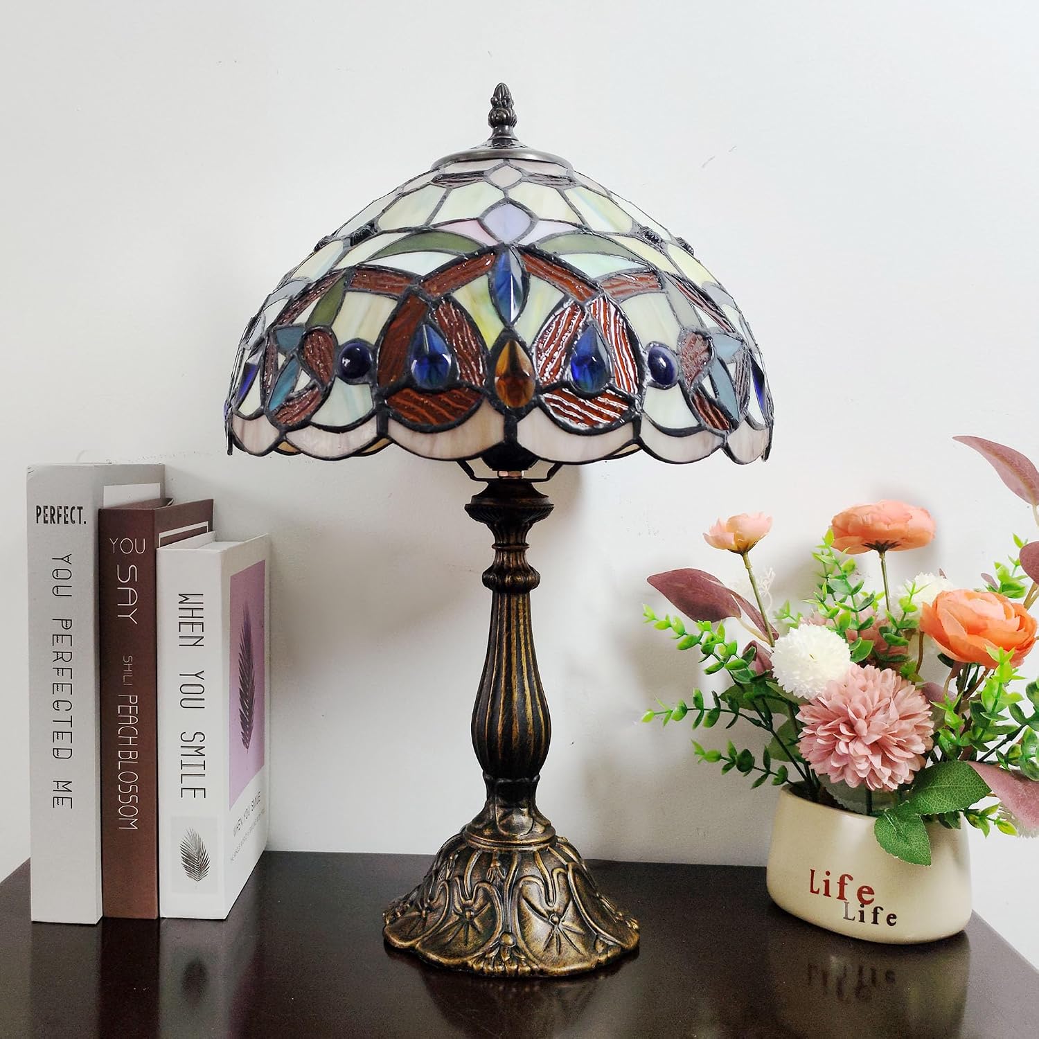 Tiffany Table Lamp Victorian Style Stained Glass Desk Light 12 Inch Tiffany Style Bedside Lamp with LED Bulb for Bedroom Living Room Office Decor