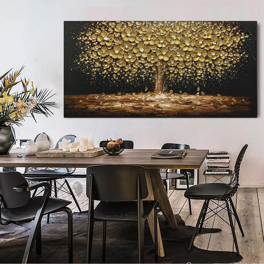 Art8YuQi Paintings - Contemporary Abstract Art Oil Painting On Canvas Texture 3D Golden Tree Gary Painting Handmade Artwork Picture Canvas Wall Art Modern Home Decor living room Ready to Hang