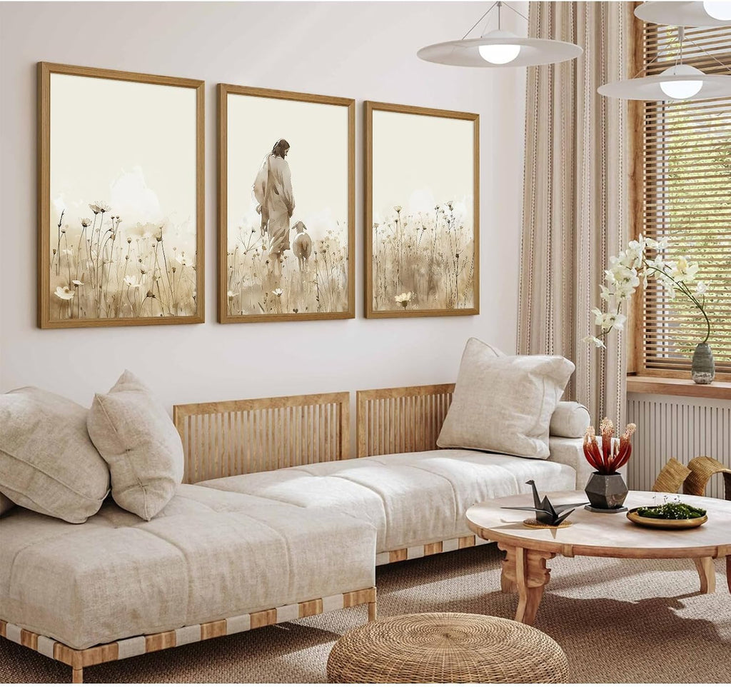 Jesus Leaves the 99 Sheep Wall Art Christian Canvas Poster Jesus and Lamb Wall Decor Religious Pictures Lost Sheep Painting God Christ Painting Artwork for Bedroom Living Room 24x36x3 Inch Wood Framed