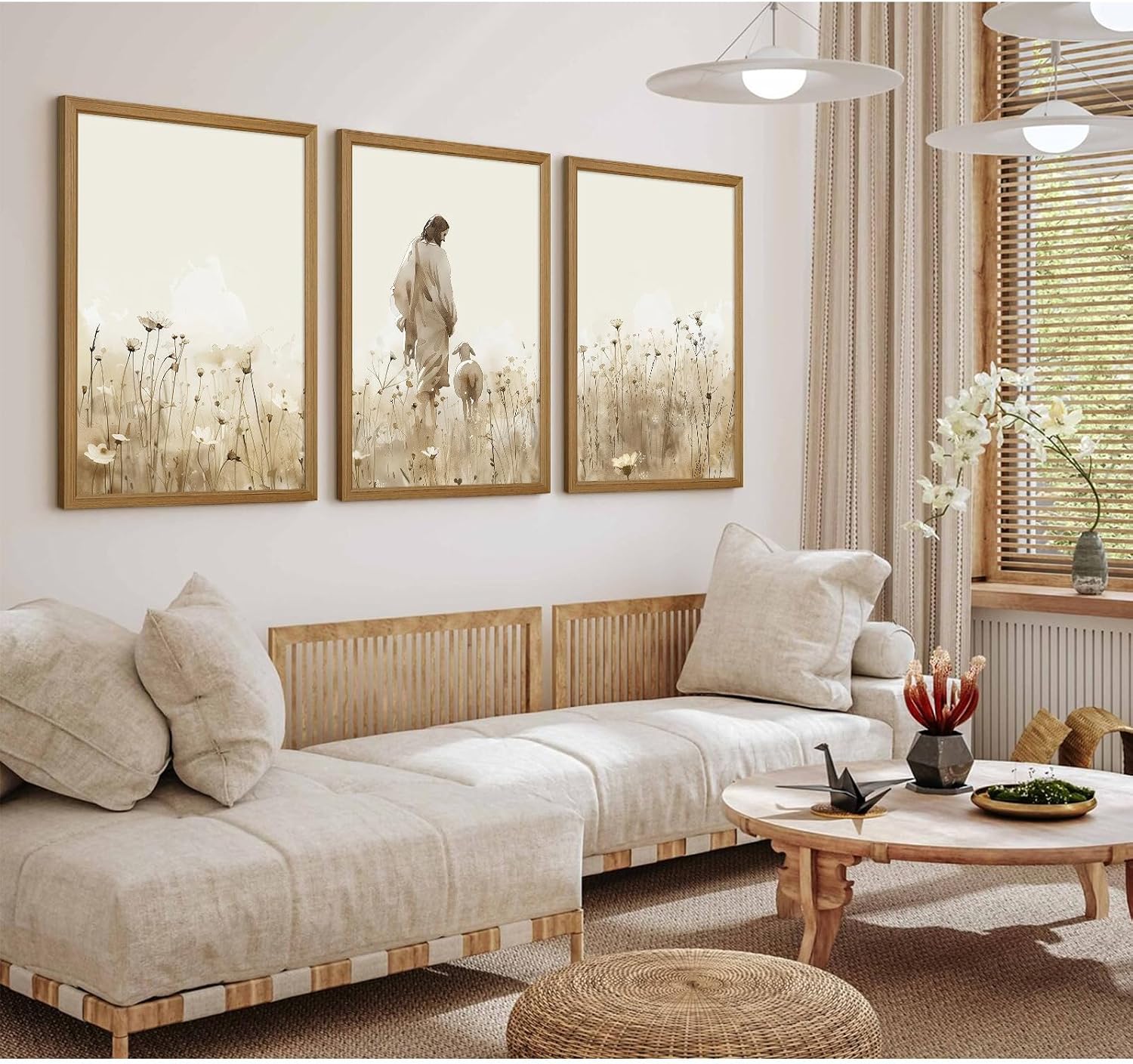 Jesus Leaves the 99 Sheep Wall Art Christian Canvas Poster Jesus and Lamb Wall Decor Religious Pictures Lost Sheep Painting God Christ Painting Artwork for Bedroom Living Room 24x36x3 Inch Wood Framed