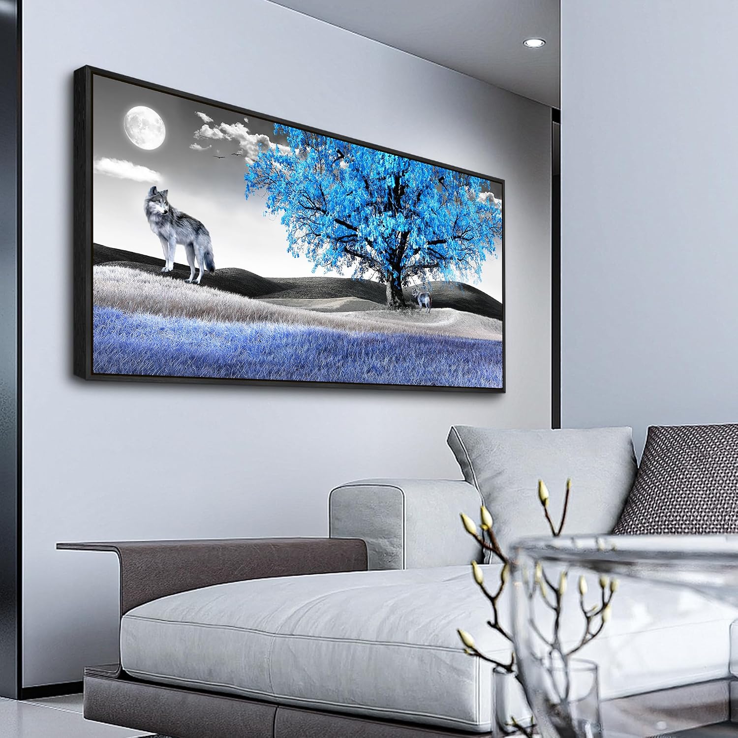 Wapluam Canvas Art Prints Wall Art For Living Room Large Wall Decor For Bedroom Modern Office Decorations Blue Tree and Wolfs Wall Pictures Black And White Paintings Room Black Framed Home Artwork