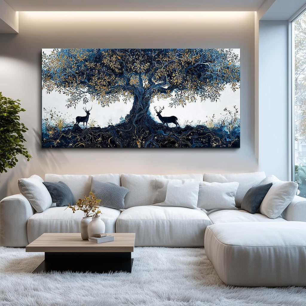 XIGUANGART Blue Tree of Life Wall Art, Large Pictures Wall Art for Living Room, Deer Oversized Wall Decor Elk Animal Canvas Print Painting Modern Extra Large Framed Artwork for Bedroom Office 60'x30'
