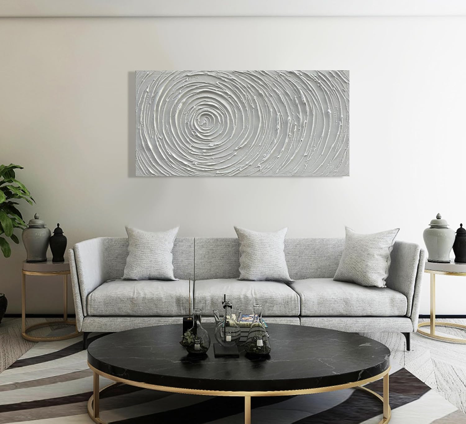 Hand-Painted White Textured Abstract Art Oil Painting Contemporary Minimalist Art Painting Living Room Bedroom Wall Decoration 24x48 inches