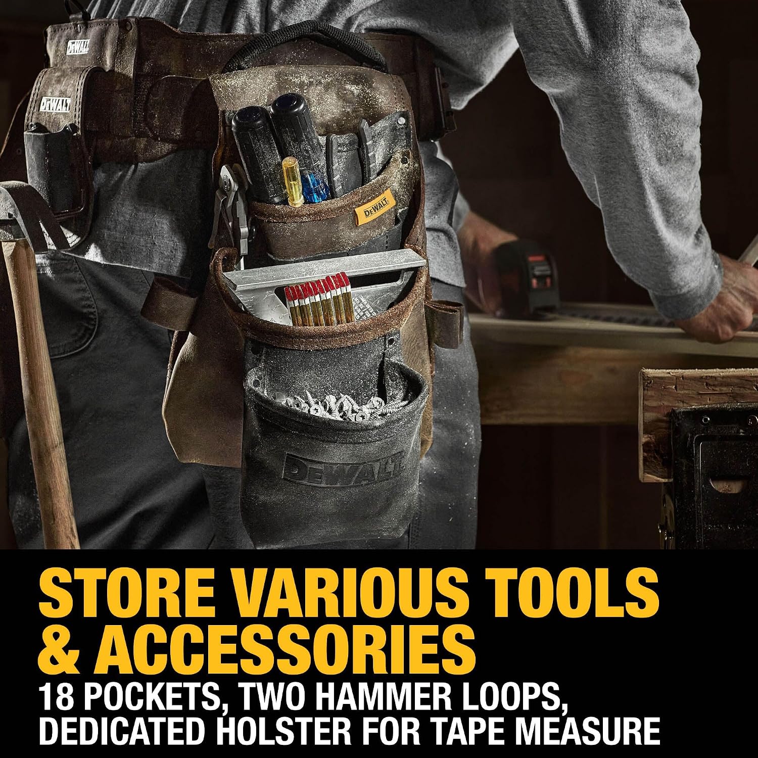DEWALT Leather Tool Belt Organizer with 18 Pockets, Heavy Duty Construction (DWST550113)