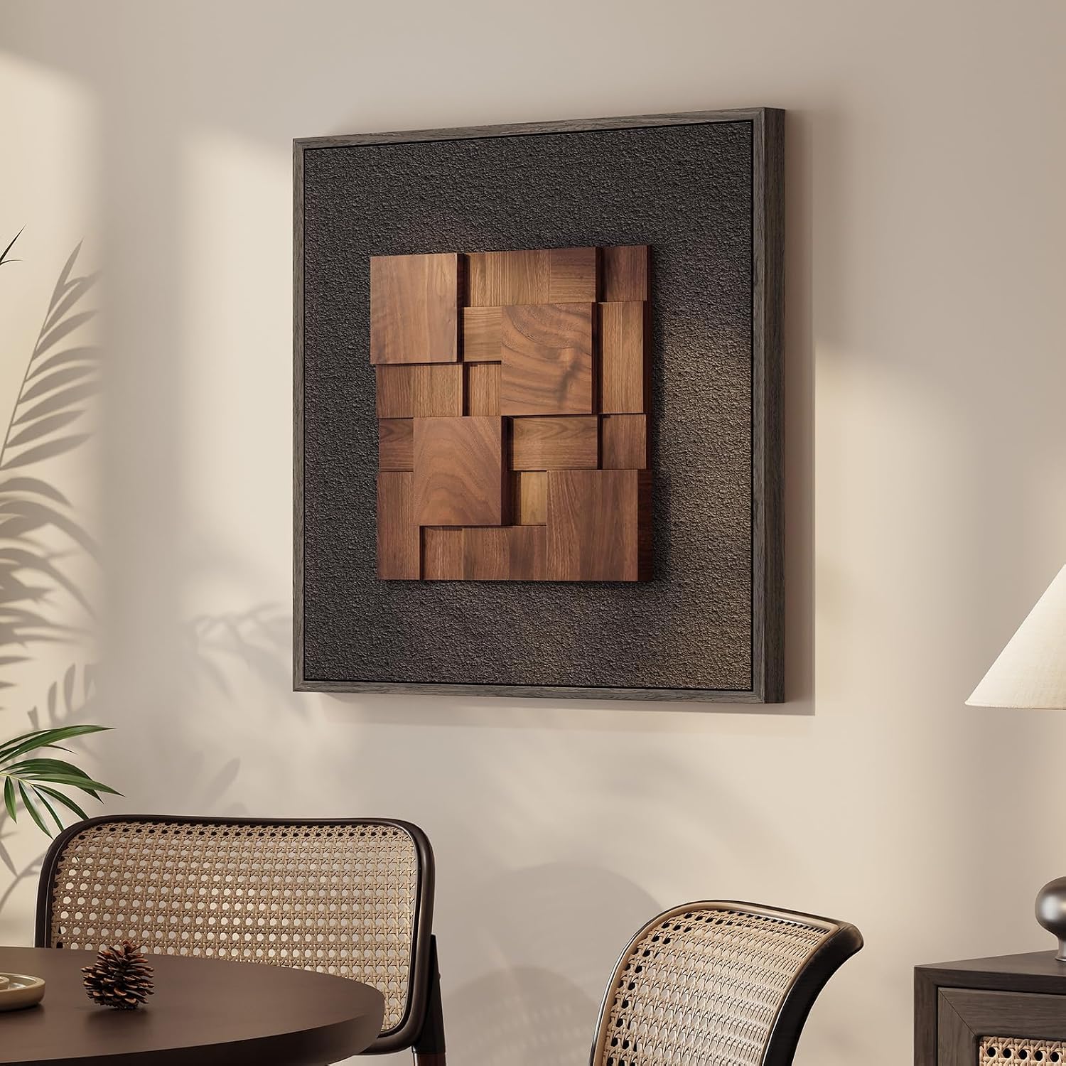 Framed 3D Textured Wood Wall Art, Modern Minimalist Black Painting Artwork for Walls, Vintage Geometric Natural Wooden Wall Art Decor for Living Room, Hallway, Dining Room, Bedroom, Office, 24x24