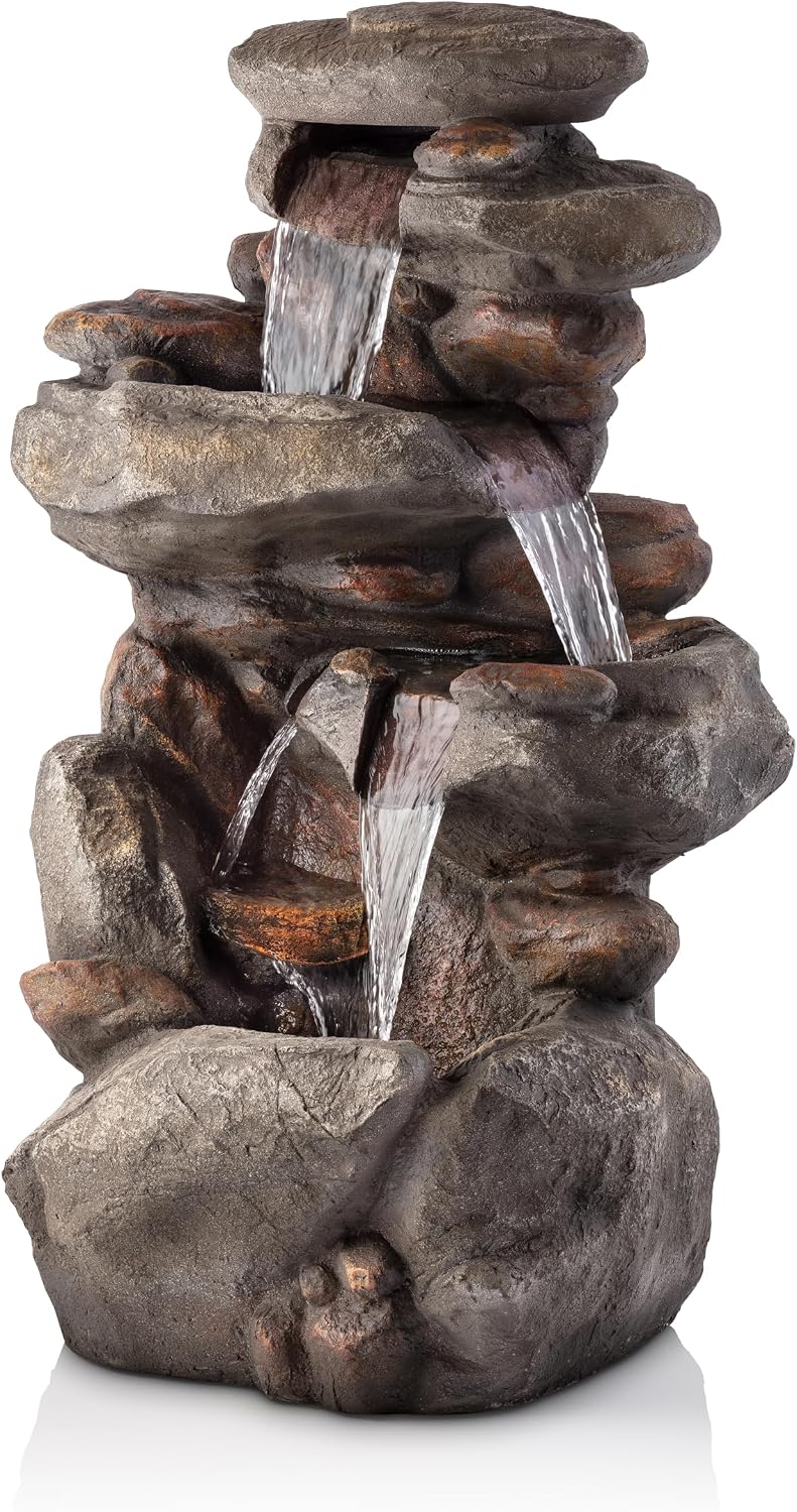 Alpine Corporation | 40' 4-Tier Rock Floor Fountain with Cascading Water & White LED Lights, Tranquil Outdoor Water Feature for Garden, Patio, Yard & Deck, Light Gray