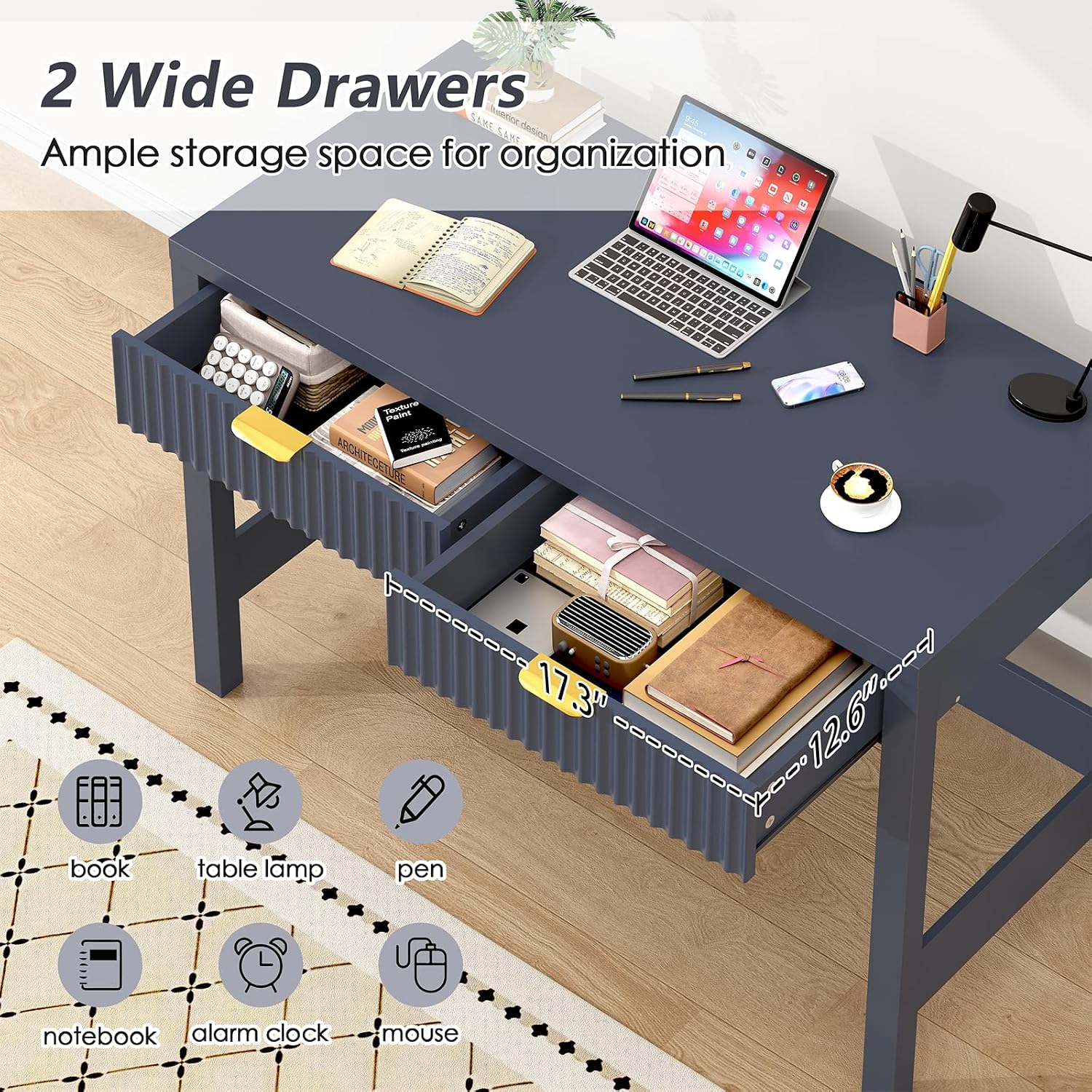 YOMILUVE Fluted Computer Desk with 2 Drawers, 39 Inch Small Computer Desk with Storage, Compact Writing Study Desk for Small Spaces, Blue