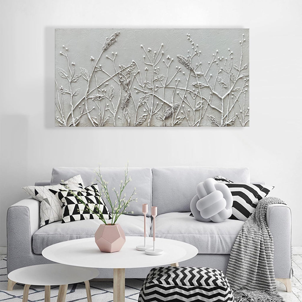 Hand Painted White Abstract Flower Oil Painting Home Wall Decorative Art 24x48 Inches