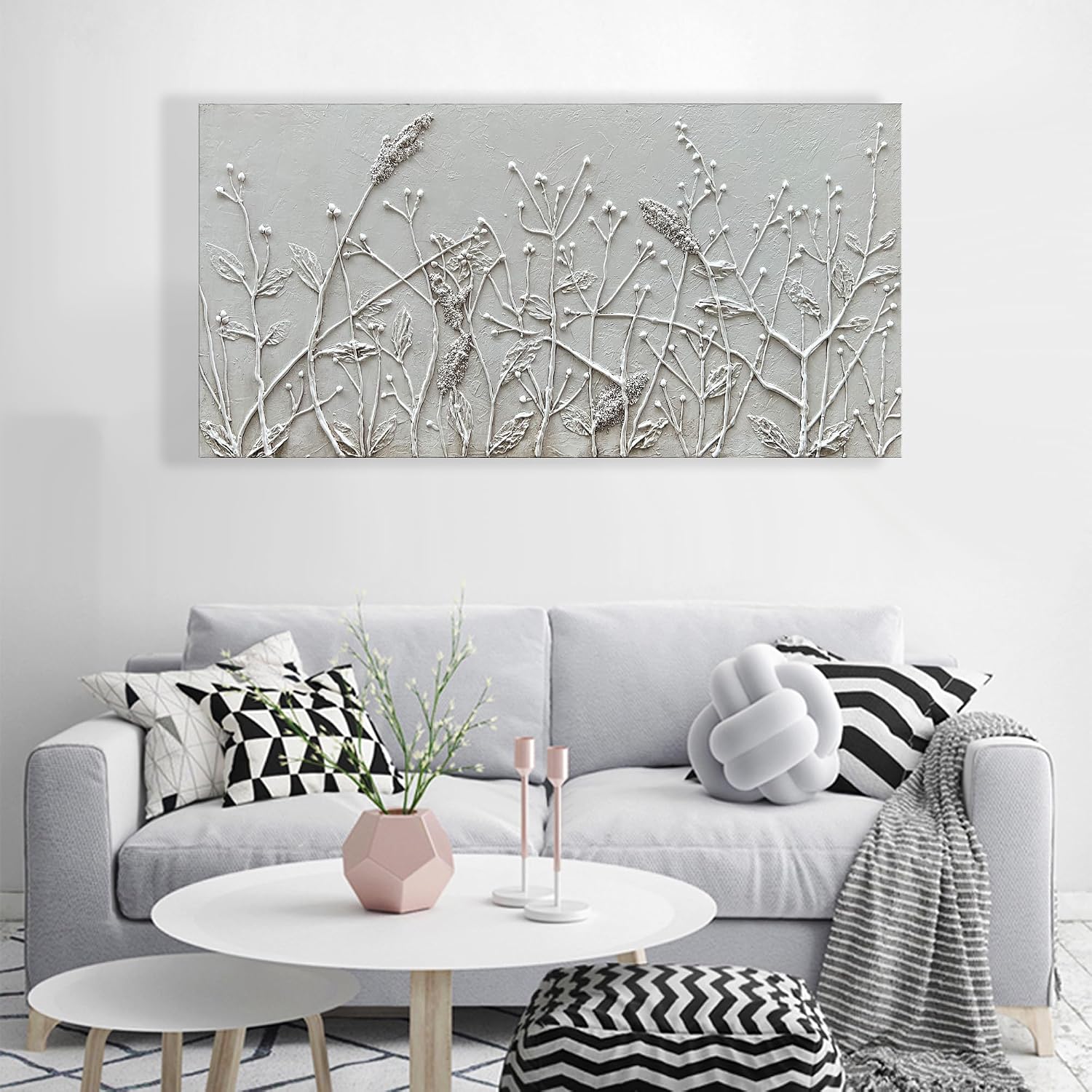 Hand Painted White Abstract Flower Oil Painting Home Wall Decorative Art 24x48 Inches