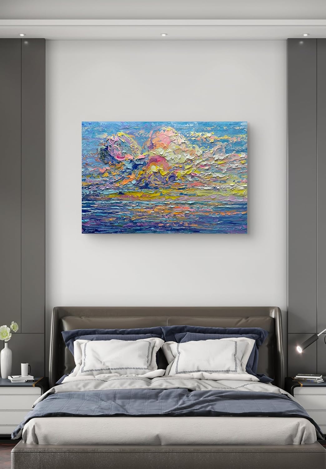 V-inspire Art,Sunset Painting on Canvas, 32x48 inches, Abstract Hand Drawn Oil and Acrylic, Blue, Decorative Wall Art for Living Room Bedroom Dining Room Office