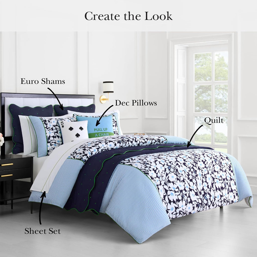 kate spade new york Anemone Field King Comforter Set, 100% Cotton Reversible Cover, All Season 3 Piece Bedding, Machine Washable, Blue Multicolor