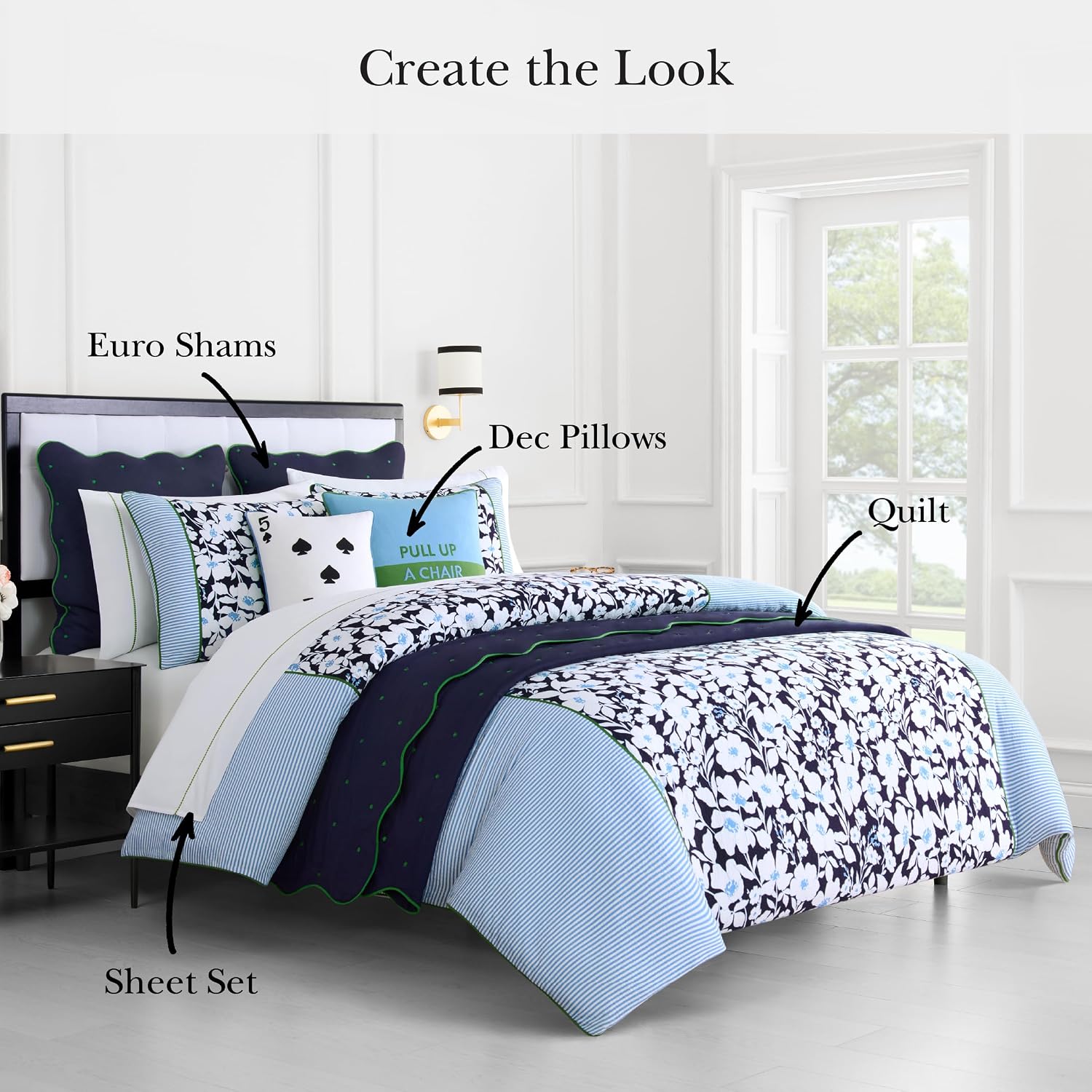 kate spade new york Anemone Field King Comforter Set, 100% Cotton Reversible Cover, All Season 3 Piece Bedding, Machine Washable, Blue Multicolor